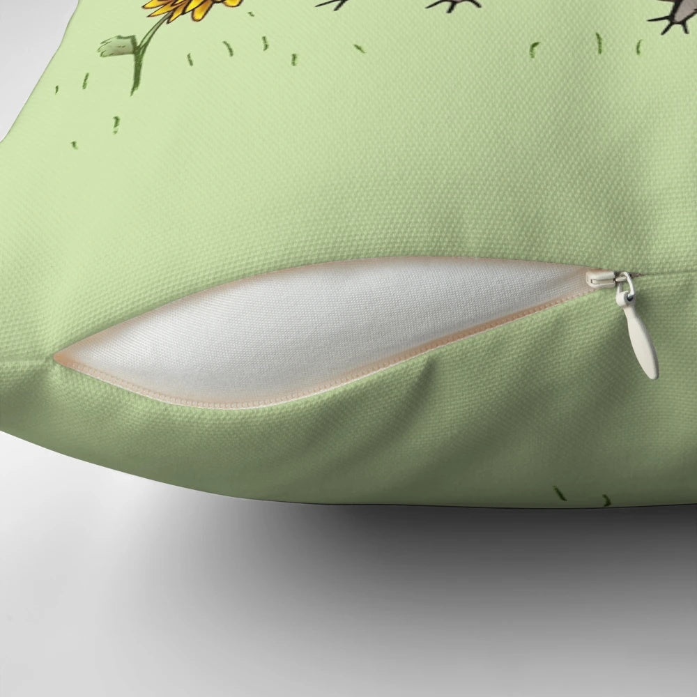 Cozy and colorful pugflower pillow with a happy pug face and sunflower design