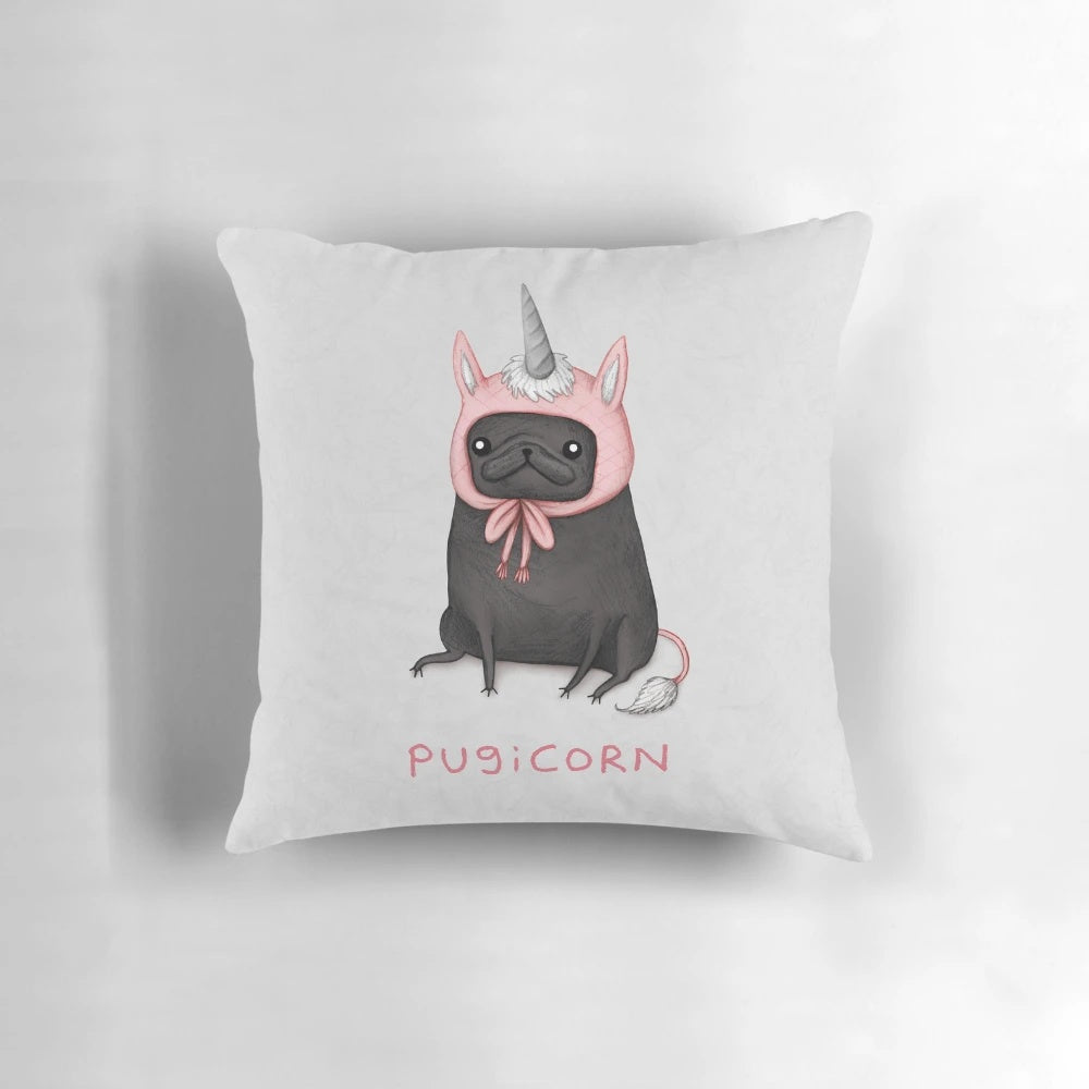 Soft, plush pugicorn pillow with a cute pug and unicorn design