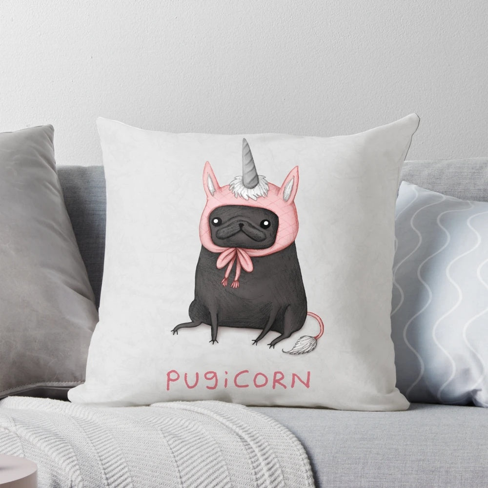 Soft, plush pugicorn pillow with a cute pug and unicorn design