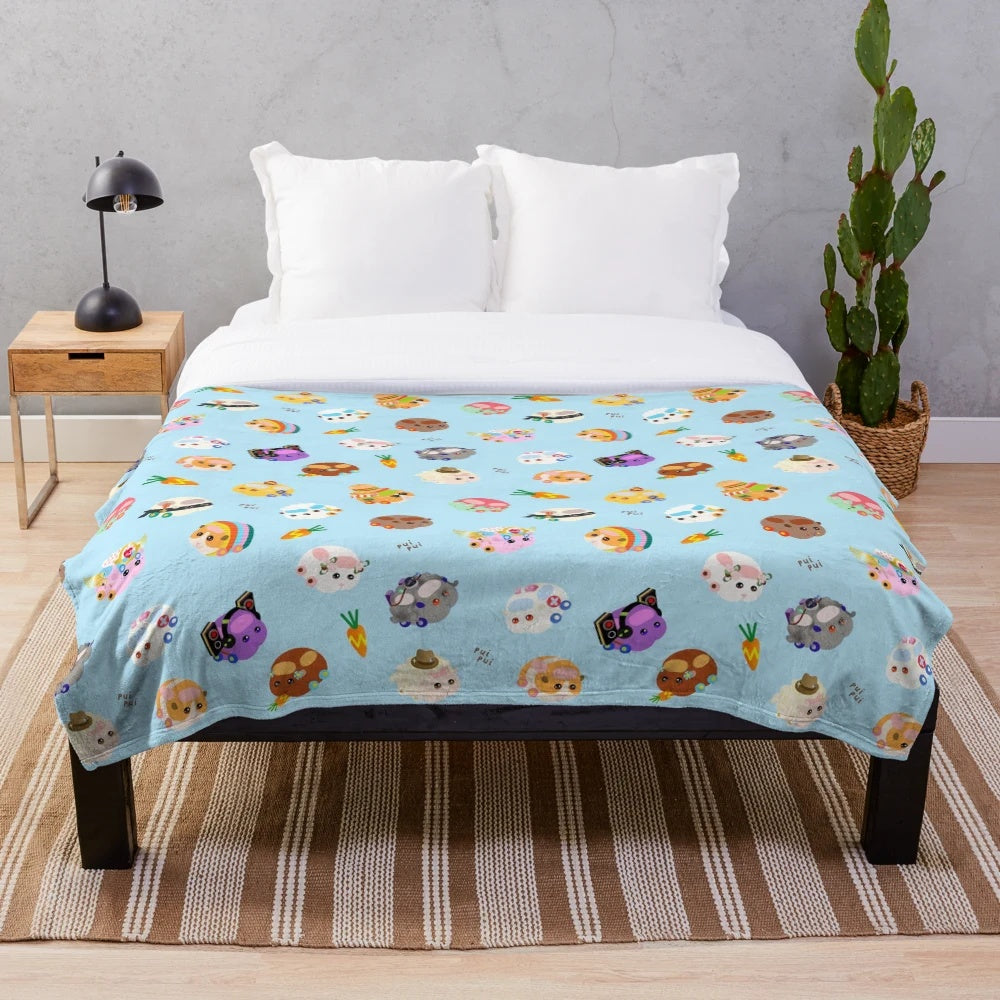 Pui Pui Molcar inspired plush blanket with cute cartoon characters