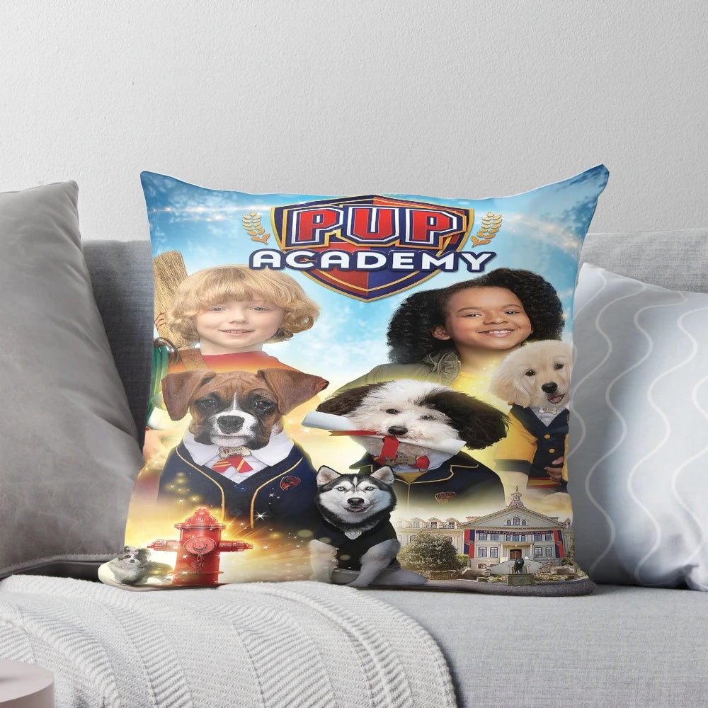 Cute and cuddly Pup Academy-themed pillow with a puppy design, perfect for animal crossing lovers.