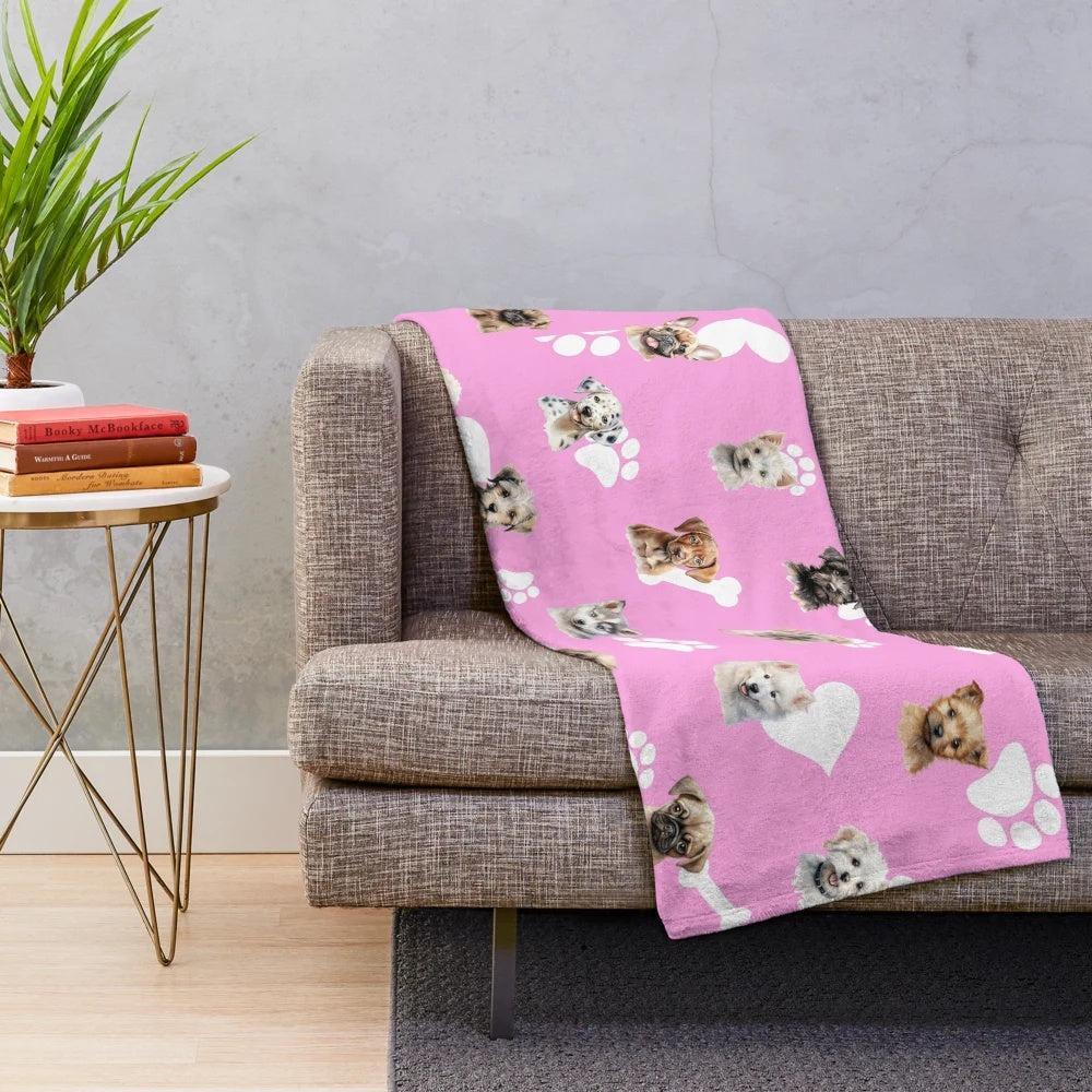 Soft and cuddly plush blanket featuring a collage of cute puppies and kittens