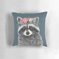 Decorative throw pillow featuring a cute raccoon wearing a floral crown