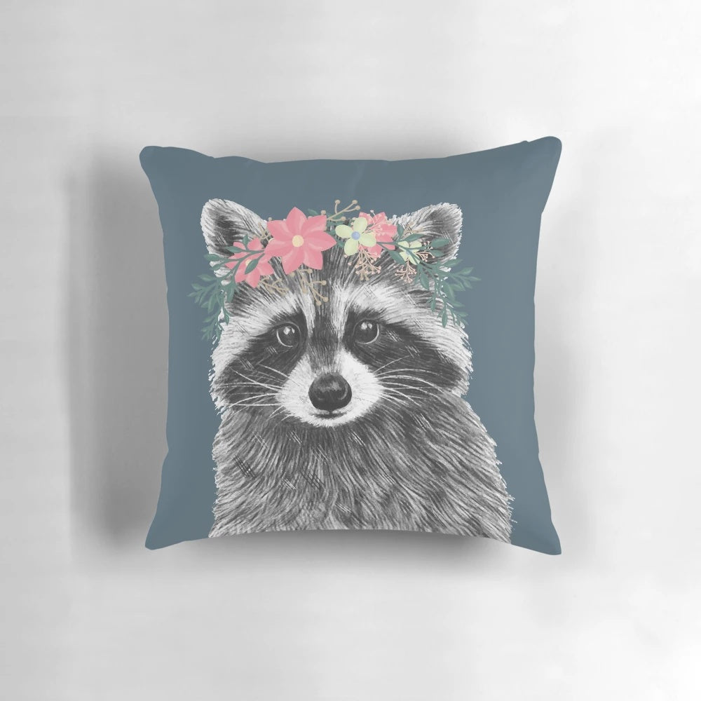 Decorative throw pillow featuring a cute raccoon wearing a floral crown