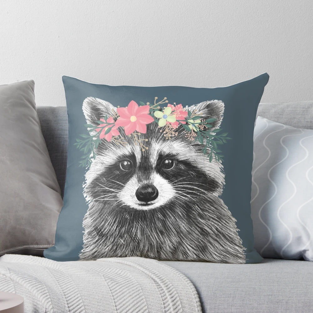 Decorative throw pillow featuring a cute raccoon wearing a floral crown