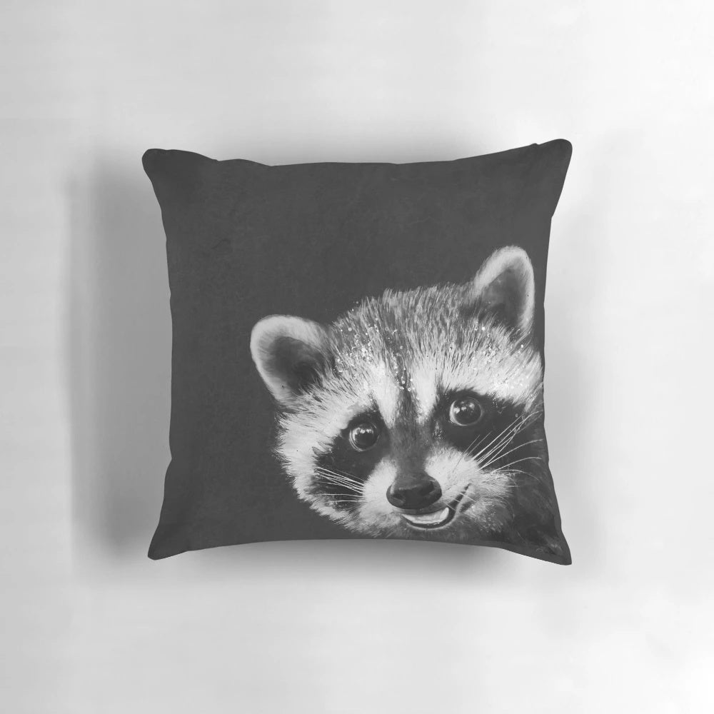 Cute and cuddly raccoon graphic printed on a soft and cozy throw pillow