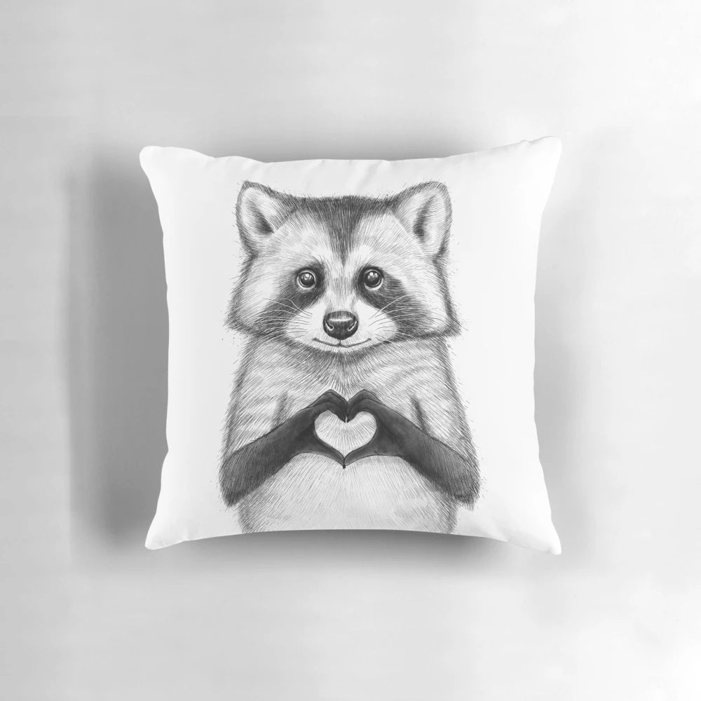 Soft, plush pillow featuring a cute, black and white raccoon design with a heart shape