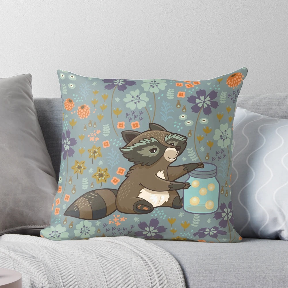 A fluffy pillow featuring a cute and funny cartoon raccoon collecting flowers and leaves