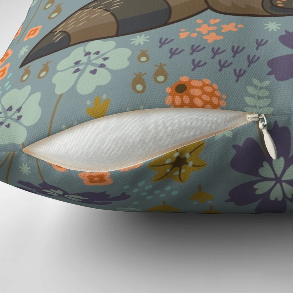 A fluffy pillow featuring a cute and funny cartoon raccoon collecting flowers and leaves