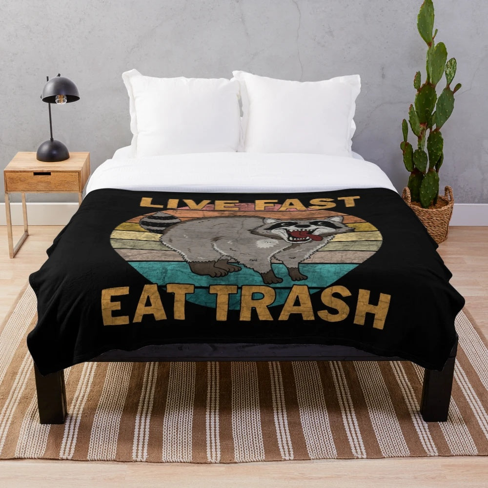 Cute Raccoon Plush Blanket with "Live Fast Eat Trash" Design