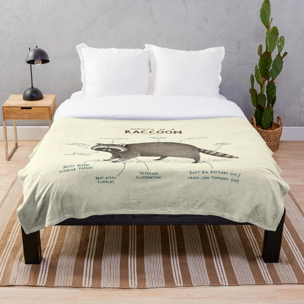 Cute plush blanket featuring an anatomical illustration of a raccoon