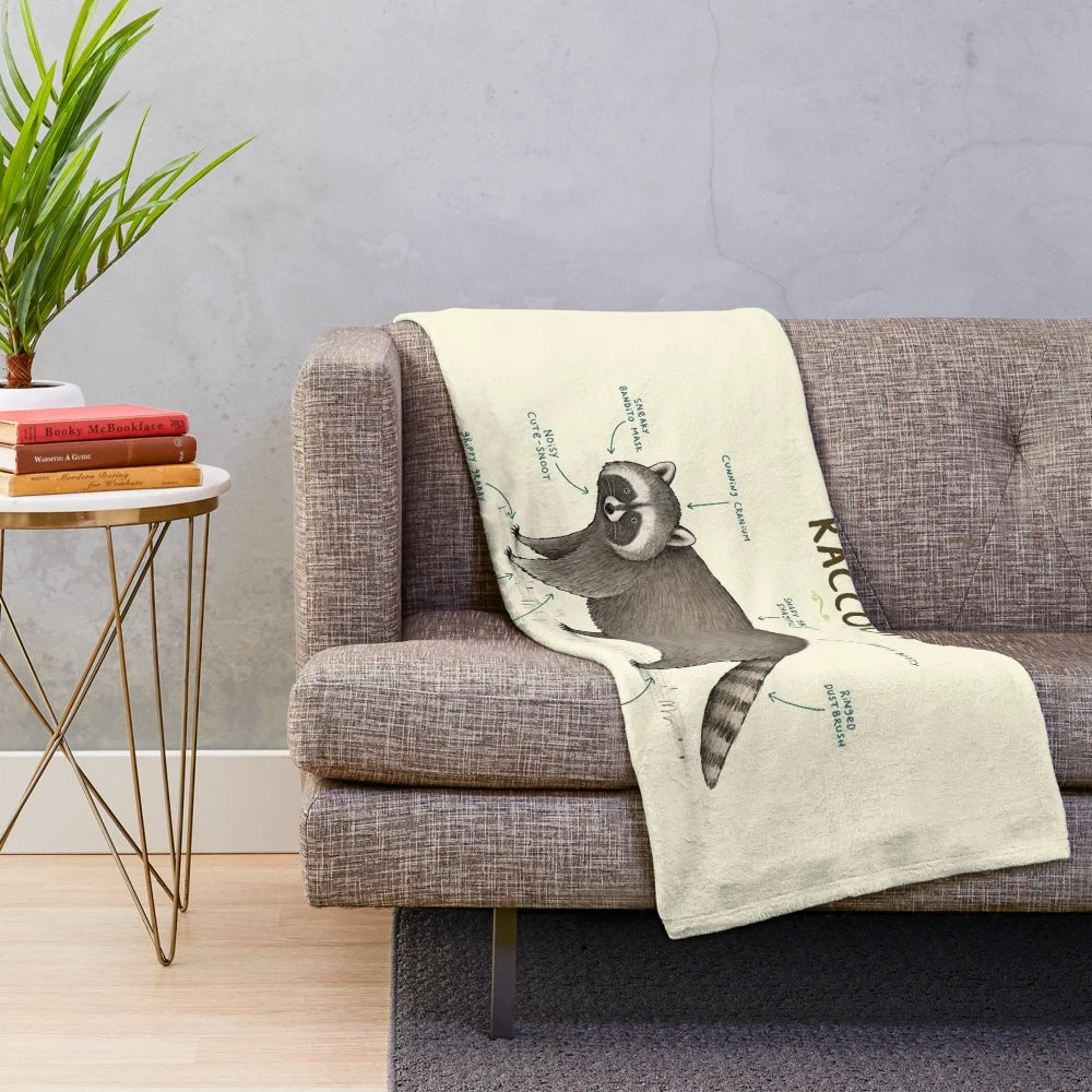 Cute plush blanket featuring an anatomical illustration of a raccoon