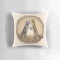 Illustration of raccoon and river otter cuddling on a soft, plush pillow