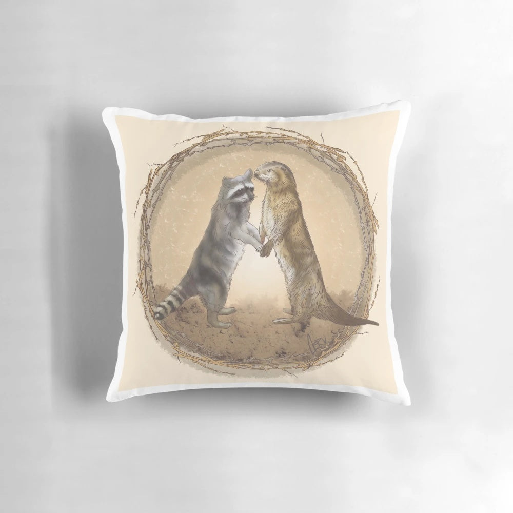Illustration of raccoon and river otter cuddling on a soft, plush pillow
