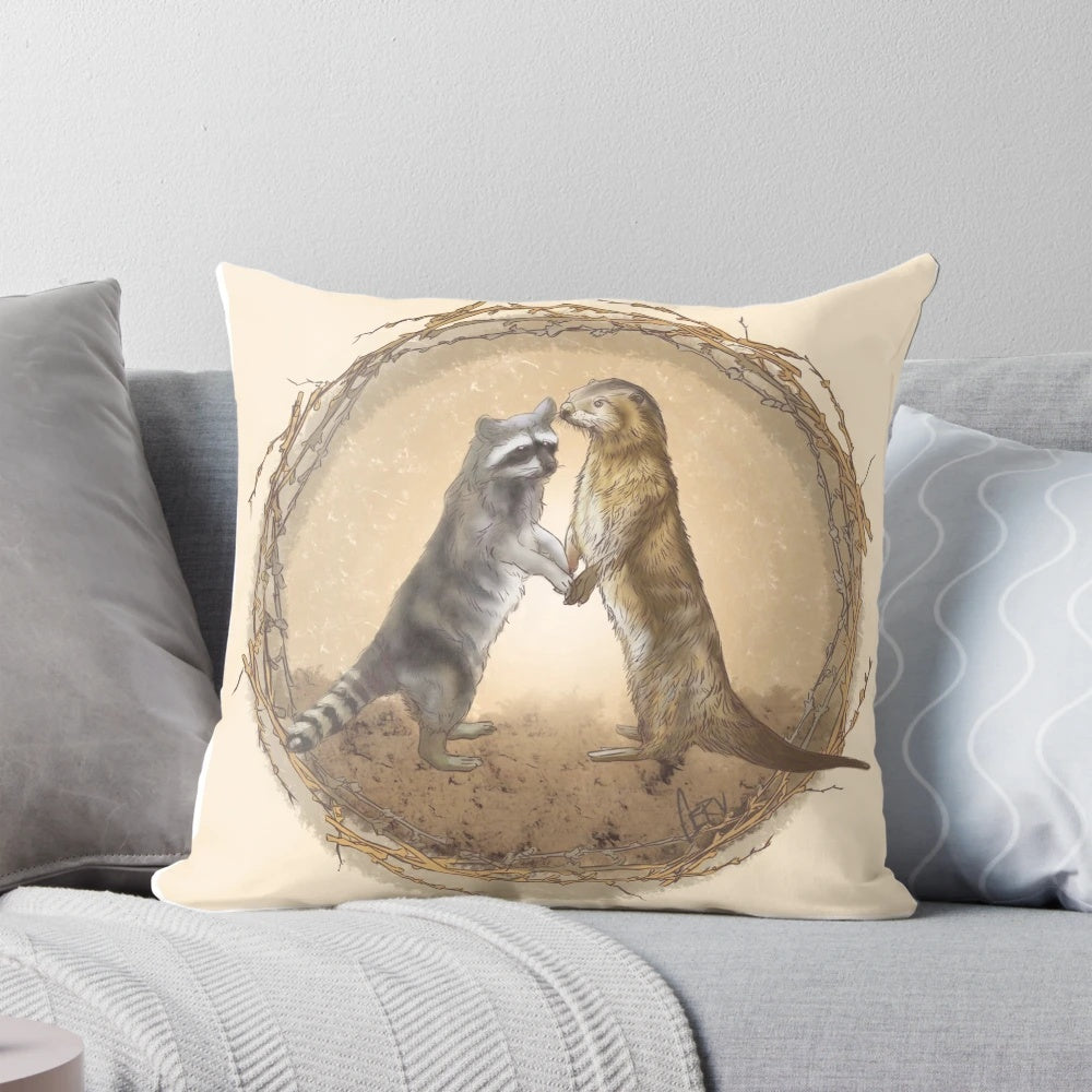 Illustration of raccoon and river otter cuddling on a soft, plush pillow