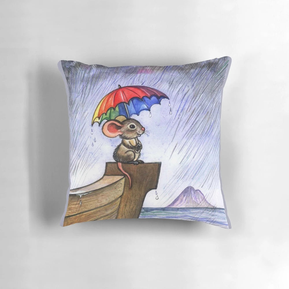 A colorful, whimsical mouse-shaped pillow in a rainbow pattern, providing a touch of vintage-inspired charm.