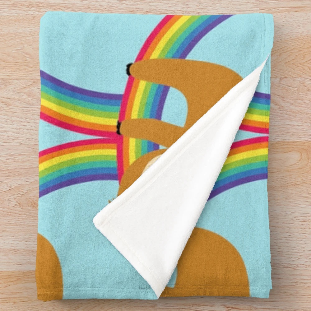 Cute sloth hanging on a rainbow, plush and cozy blanket