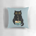 Ramen Cat Pillow - A cozy and cute cat-themed pillow featuring a black cat with big eyes enjoying a bowl of ramen noodles.