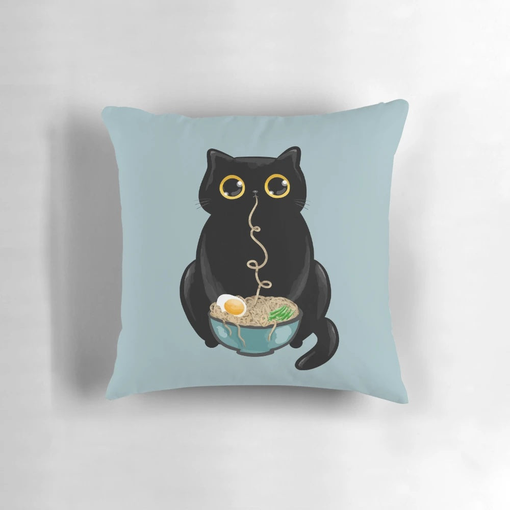 Ramen Cat Pillow - A cozy and cute cat-themed pillow featuring a black cat with big eyes enjoying a bowl of ramen noodles.
