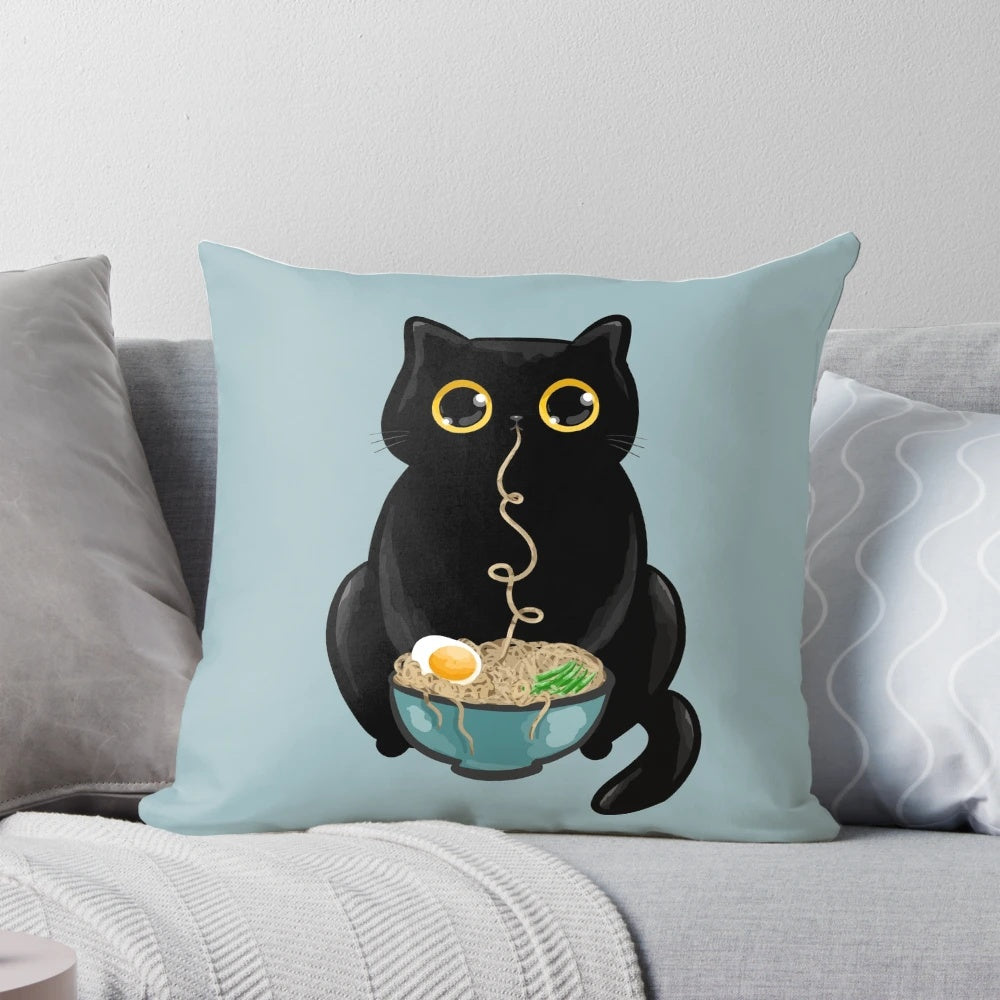 Ramen Cat Pillow - A cozy and cute cat-themed pillow featuring a black cat with big eyes enjoying a bowl of ramen noodles.