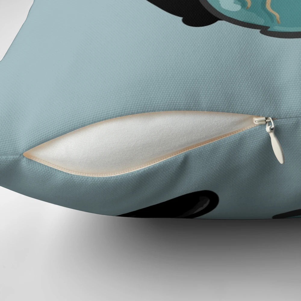 Ramen Cat Pillow - A cozy and cute cat-themed pillow featuring a black cat with big eyes enjoying a bowl of ramen noodles.