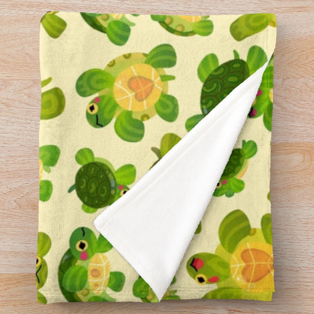 Red-eared slider plush blanket with cute, cheerful pastel design