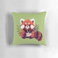 Colorful illustration of a red panda happily eating a bowl of ramen noodles on a plush pillow