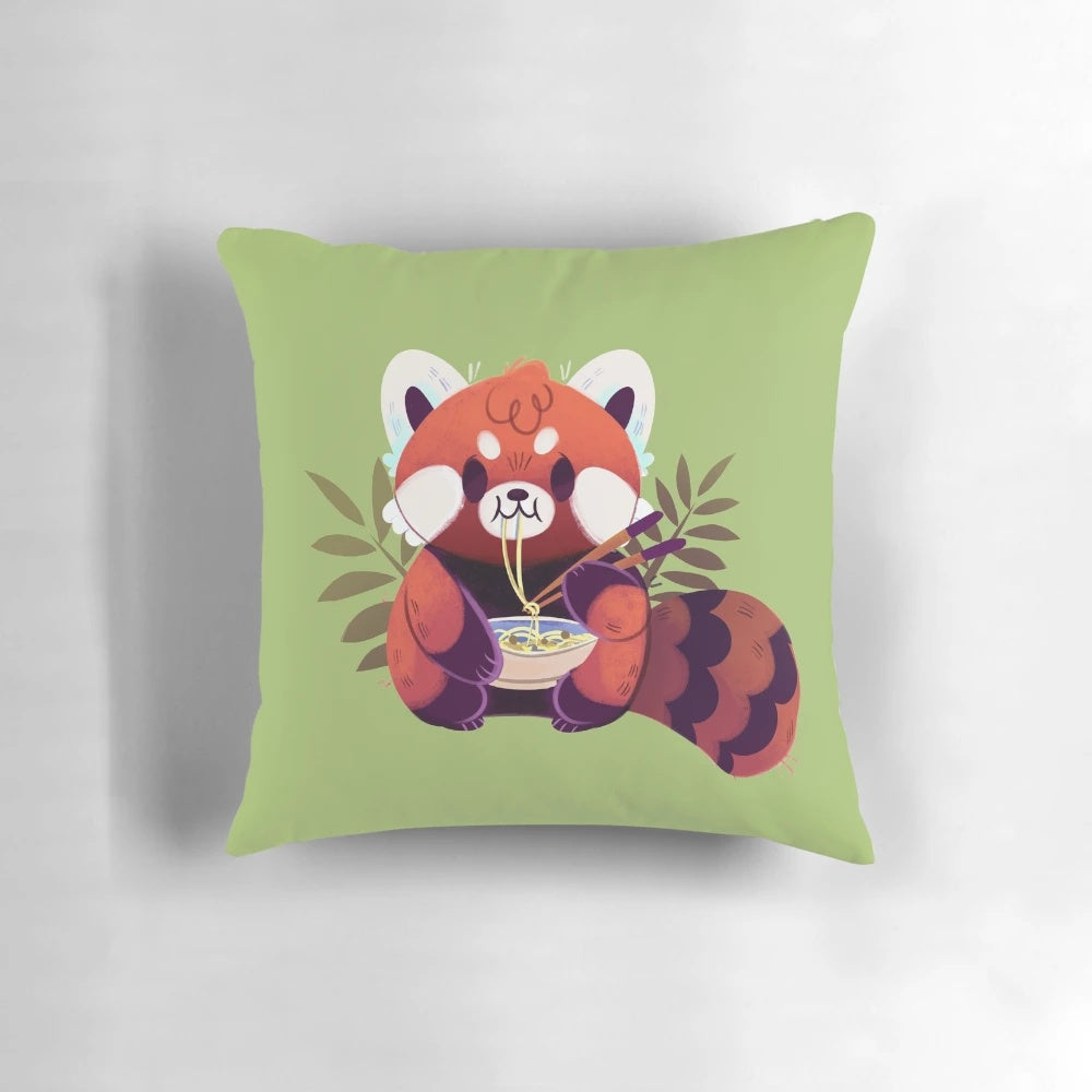 Colorful illustration of a red panda happily eating a bowl of ramen noodles on a plush pillow