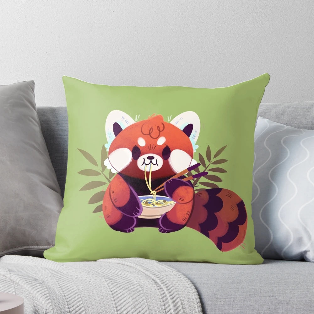 Colorful illustration of a red panda happily eating a bowl of ramen noodles on a plush pillow