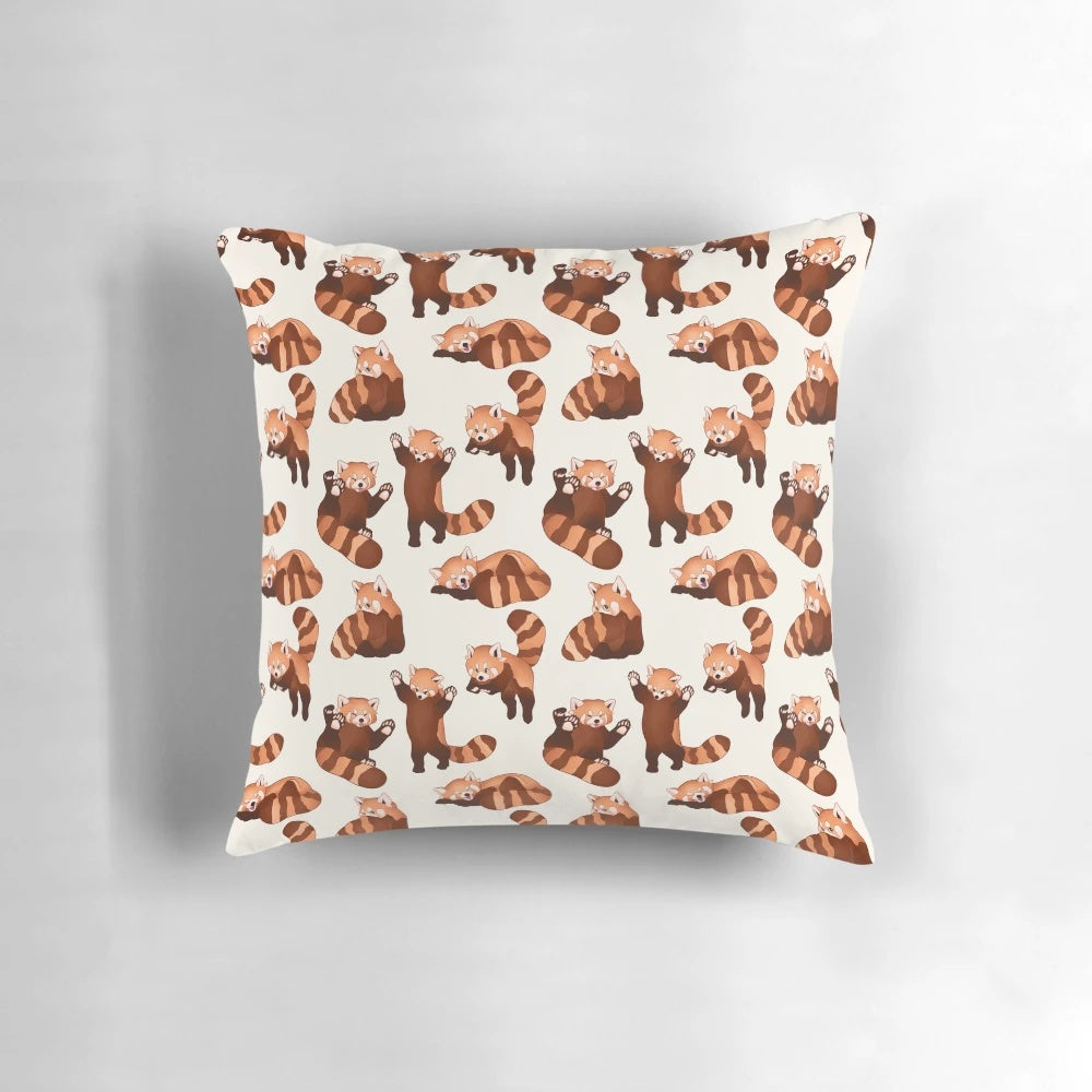 Red panda pattern printed on a soft, plush throw pillow