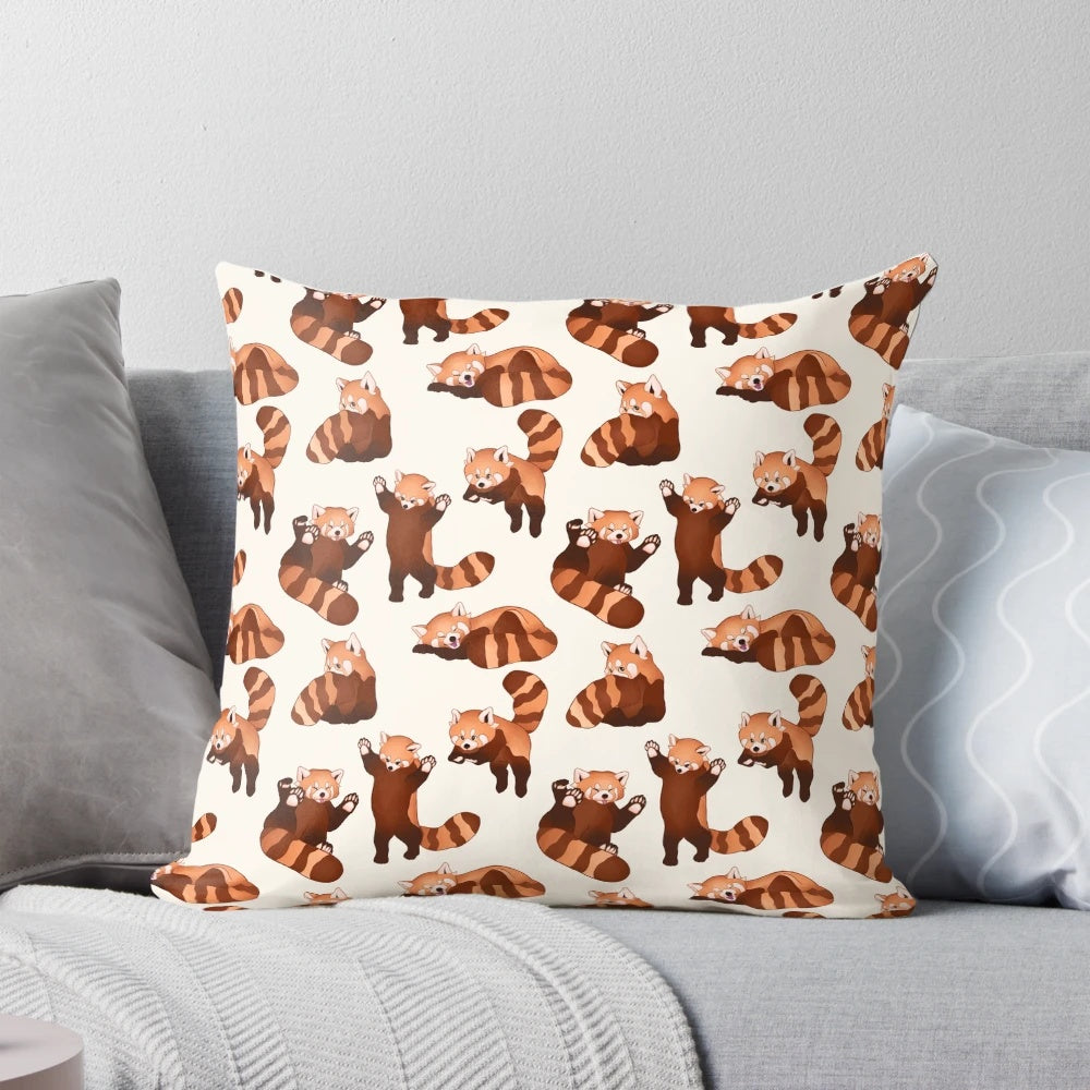 Red panda pattern printed on a soft, plush throw pillow