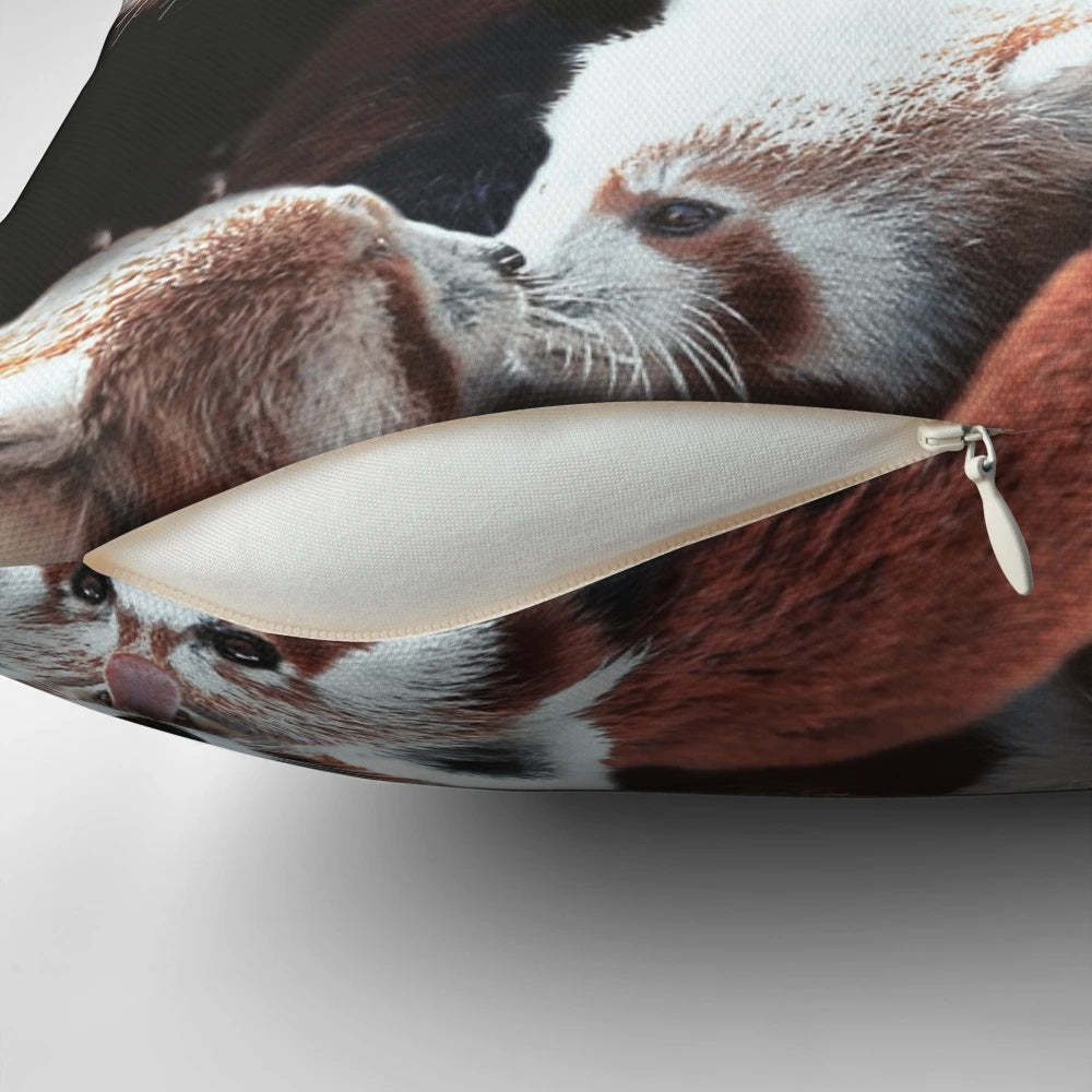 Soft, plush red panda pillow featuring a collage of cute animal friends