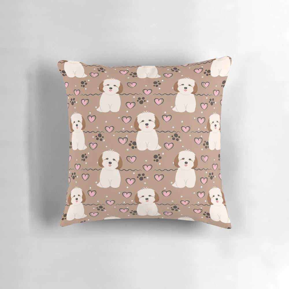 Soft, cuddly pillow featuring a cute red sable and white Lhasa Apso Shih Tzu dog design.