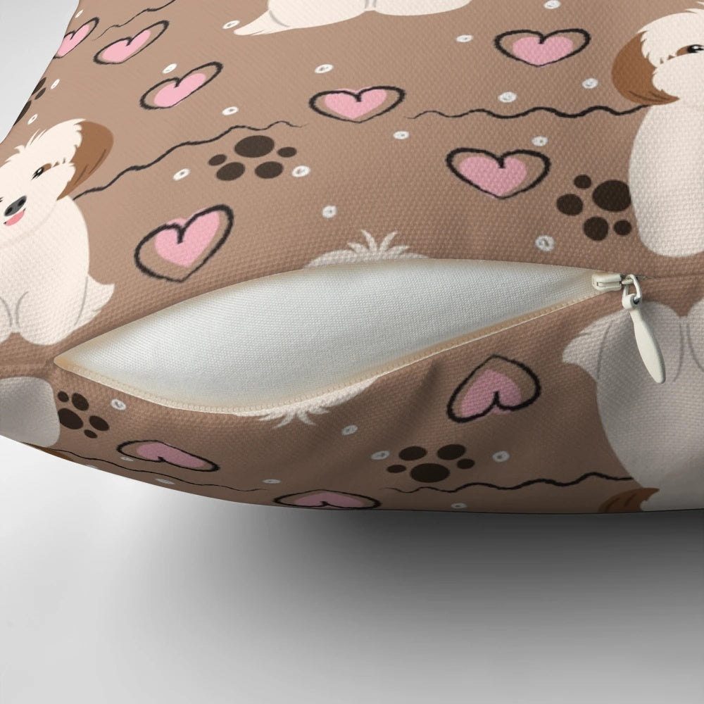 Soft, cuddly pillow featuring a cute red sable and white Lhasa Apso Shih Tzu dog design.