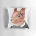 A decorative pillow featuring a cute red squirrel dressed in a tuxedo, perfect for a woodland-themed nursery or child's room.