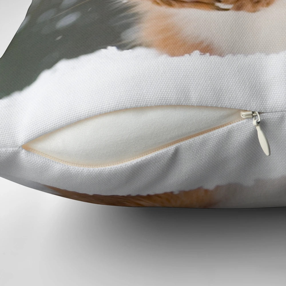 Closeup photo of a cute red squirrel on a white snowy background, perfect for a winter-themed plush pillow.