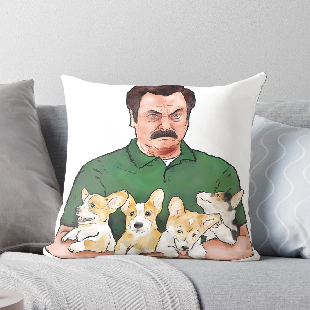 Playful corgi puppies being held by a gruff-looking Ron Swanson from the TV show Parks and Recreation.