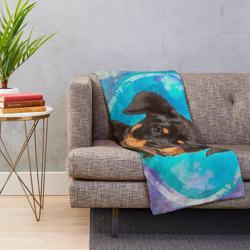Rottweiler puppy plush blanket in watercolor style