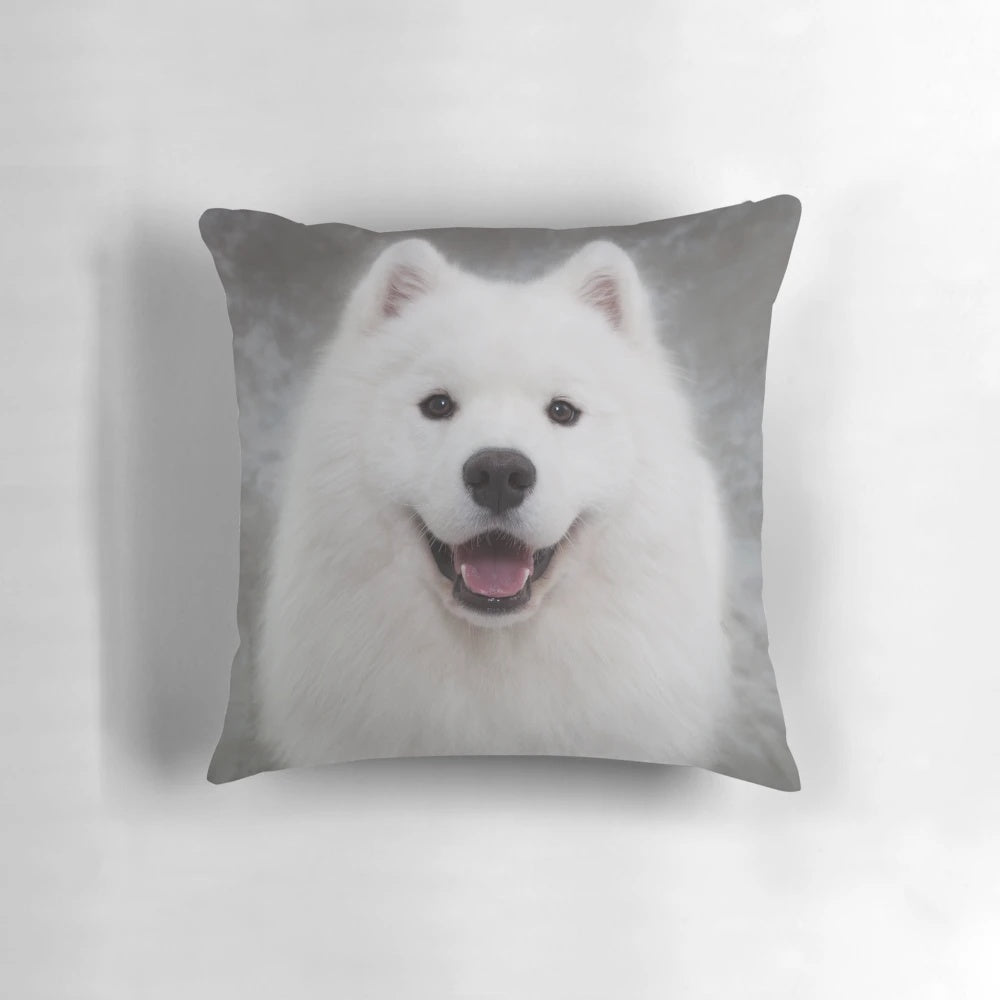 Soft, fluffy Samoyed puppy dog pillow with a sweet, smiling expression