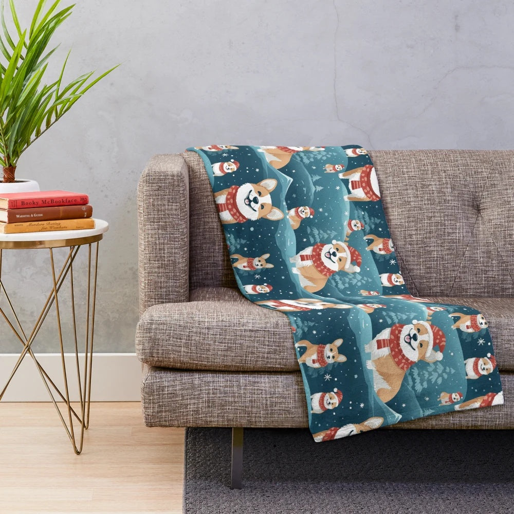 Cute Santa Corgi illustration on a plush blanket