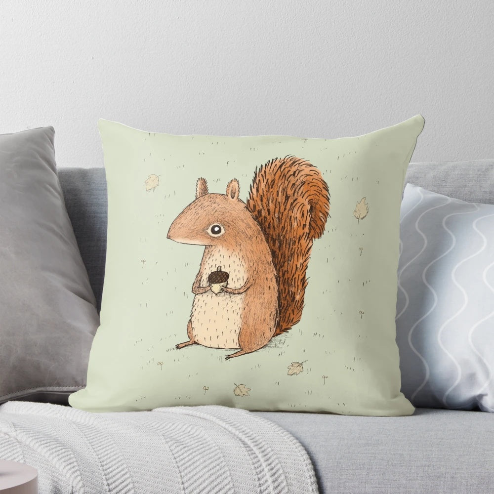 Soft, cuddly plush pillow featuring a cute squirrel design, perfect for fall and winter home accents.