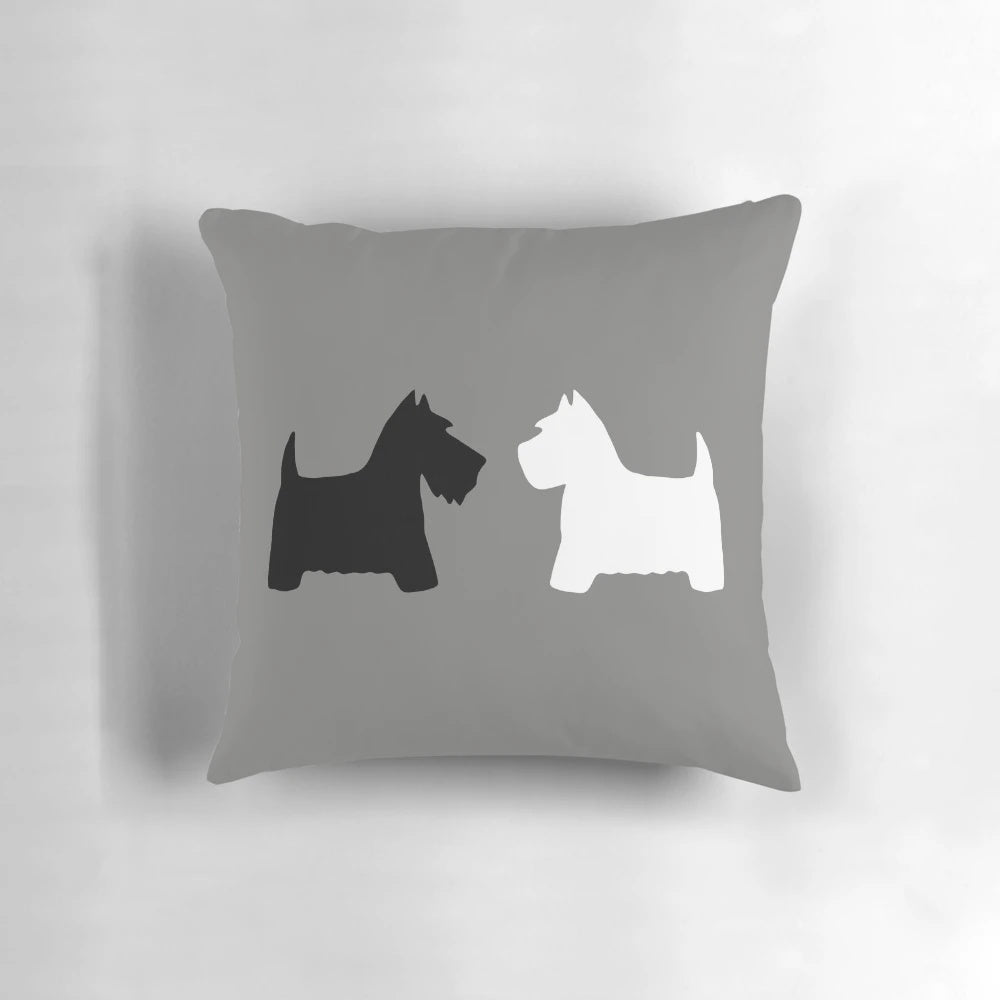 Scottie and Westie dog portraits in a cozy pillow design by artist Michelle Phong