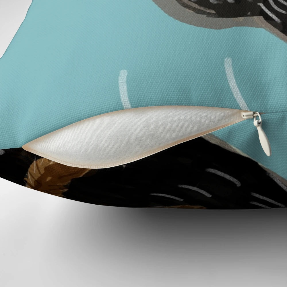 Soft, plush pillow featuring a cute sea otter mother and her baby otter snuggling on a river bank.