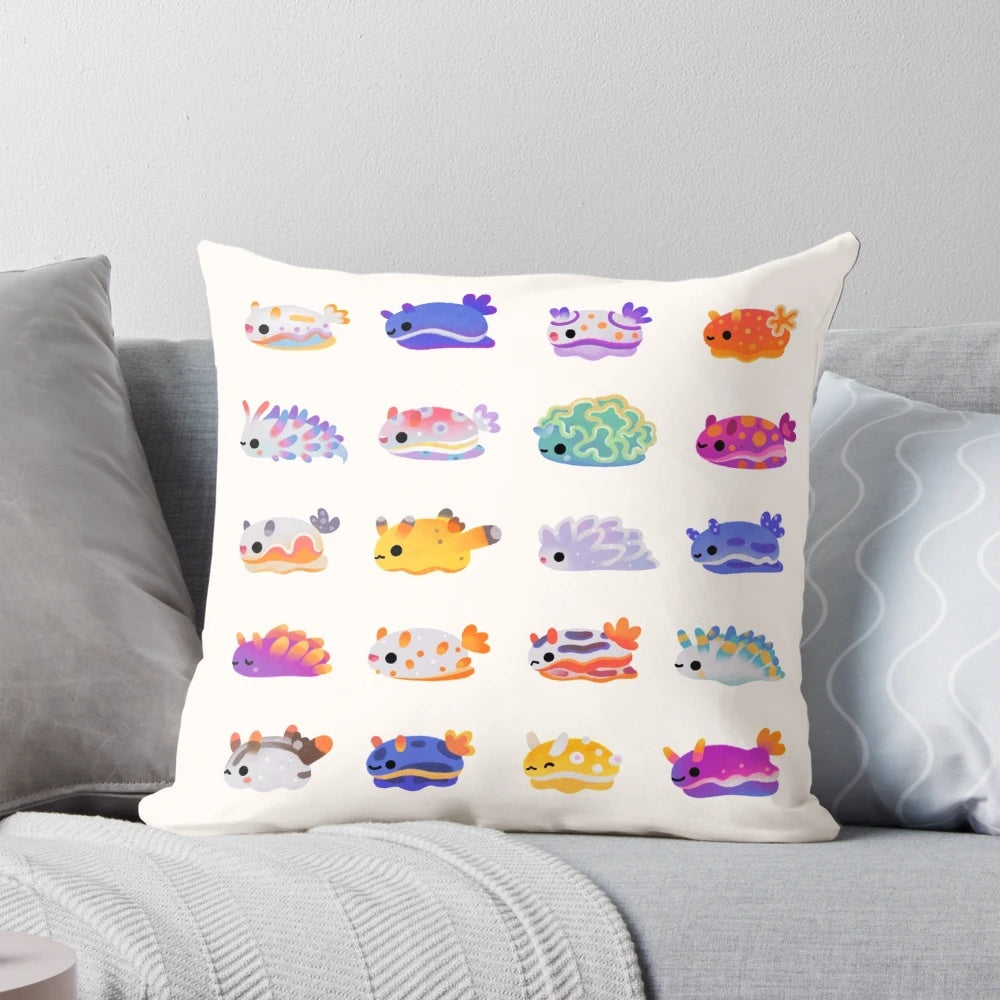 Colorful pillow featuring a bright and cheerful sea slug or nudibranch design