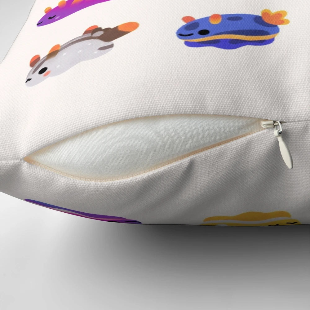 Colorful pillow featuring a bright and cheerful sea slug or nudibranch design
