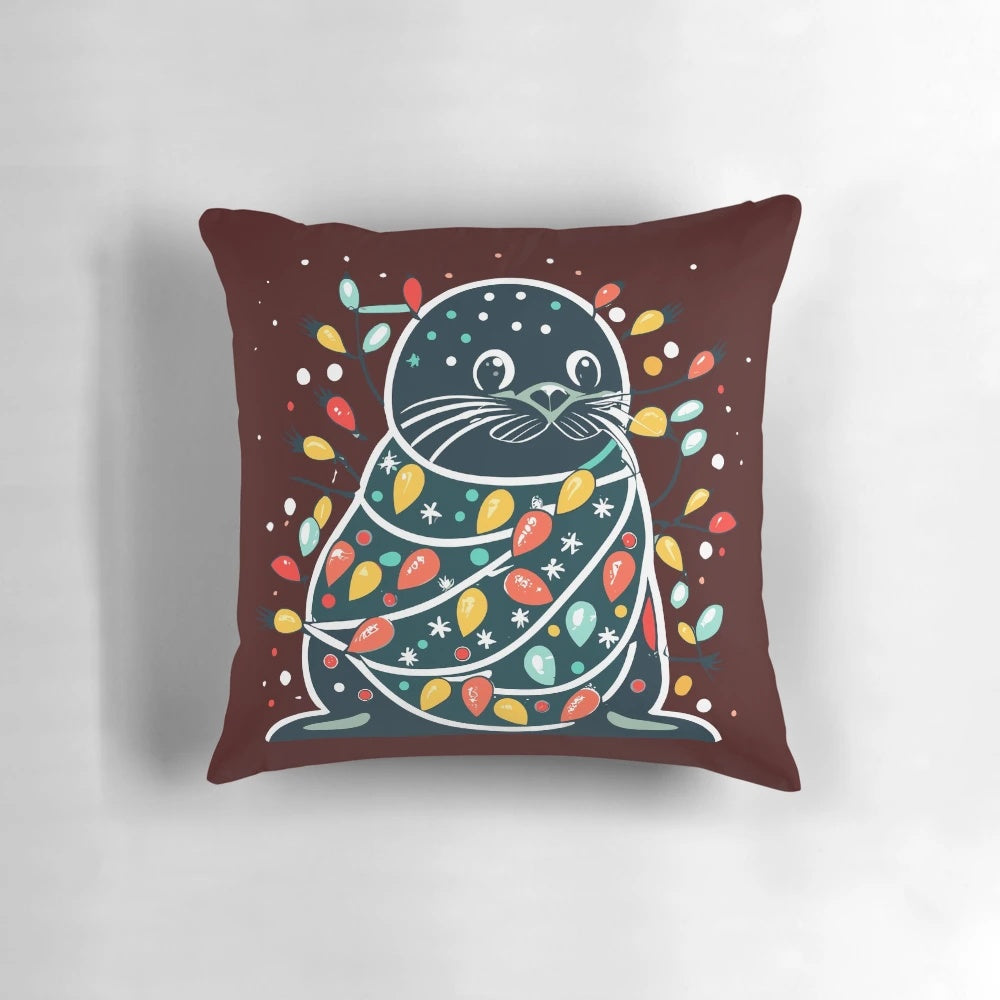 Cute and funny seal wearing a santa hat on a Christmas tree-shaped pillow