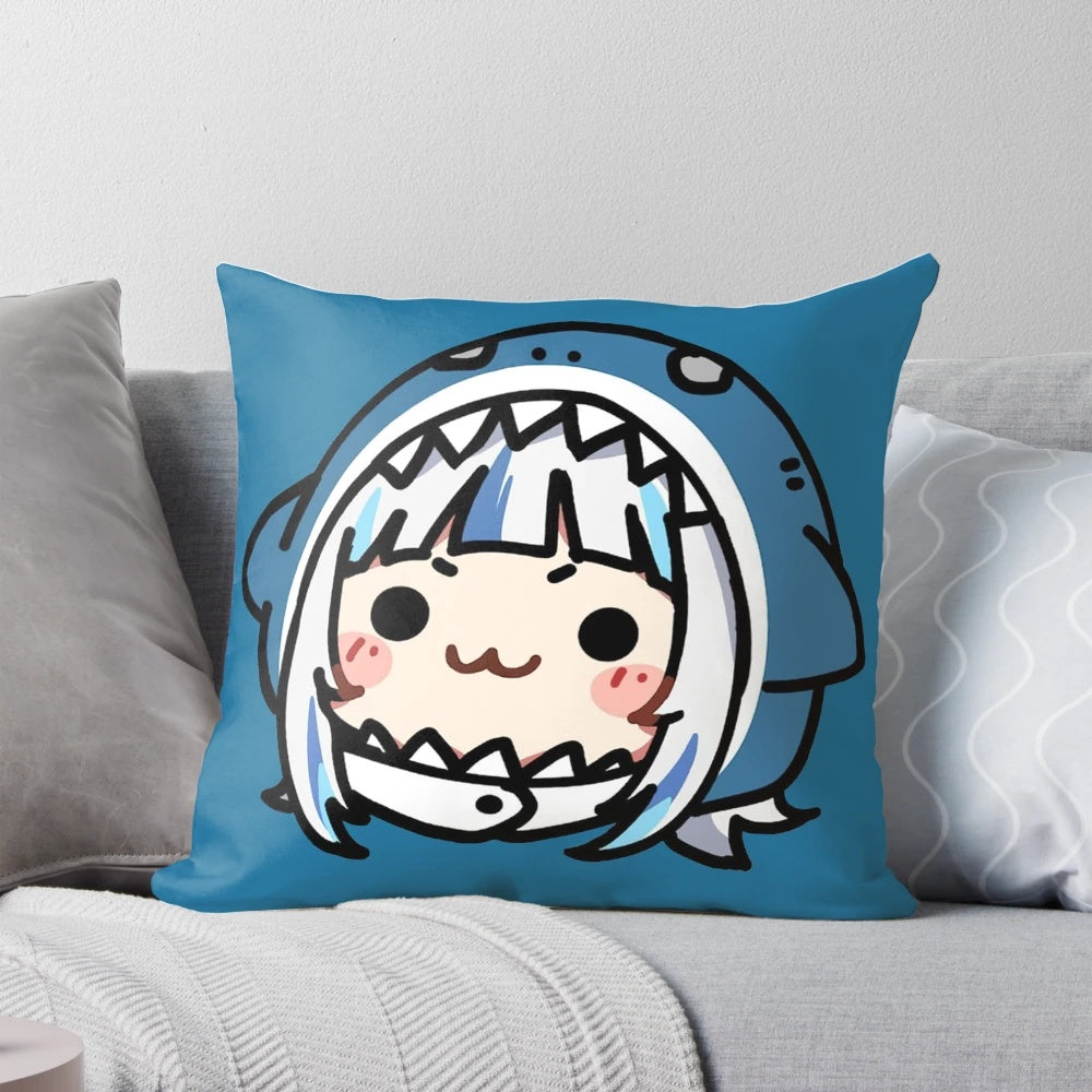 Soft and cuddly blue shark plush pillow with Gawr Gura and Ame Watson design