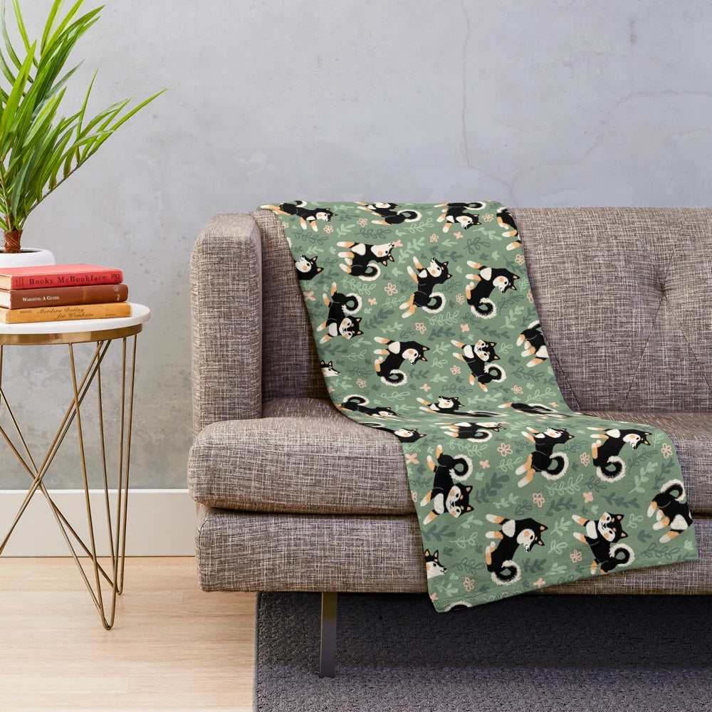 Playful black and tan Shiba Inu pattern plush blanket