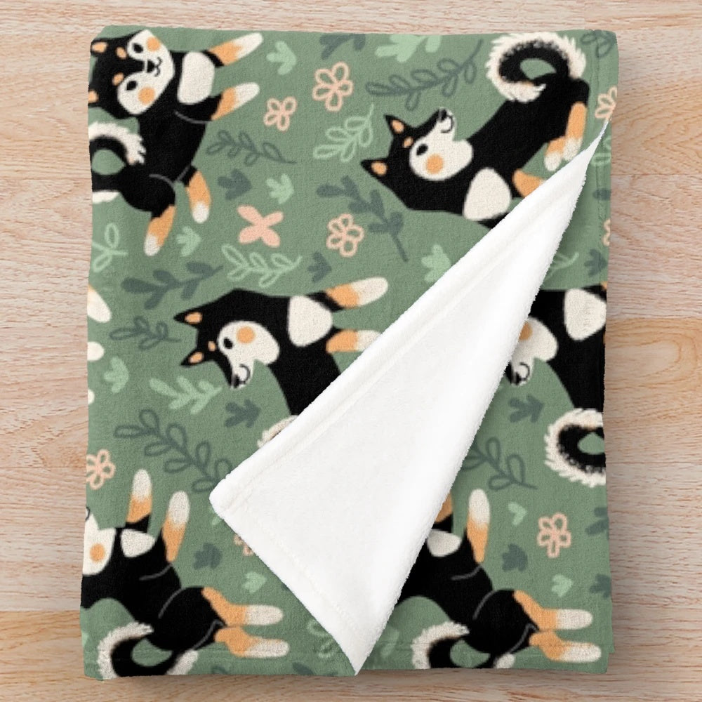 Playful black and tan Shiba Inu pattern plush blanket