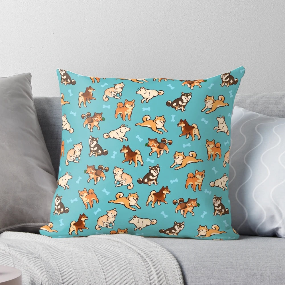 Soft and cozy blue shiba inu dog pattern throw pillow